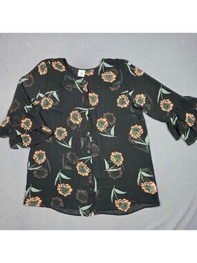Cabi Black Floral Print Sheer Button-Down Blouse With Ruffle Sleeves L
